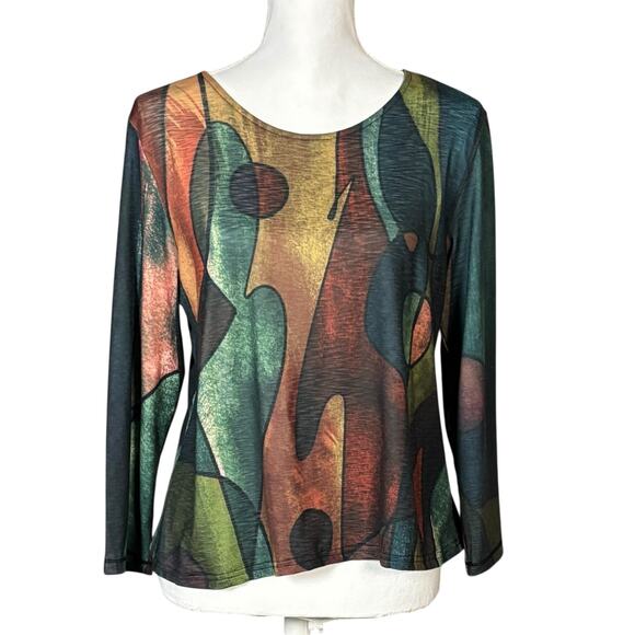 Jess & Jane Top Size Small Green 3/4 Sleeve Tom Tom Abstract Artsy Statement - Picture 1 of 7